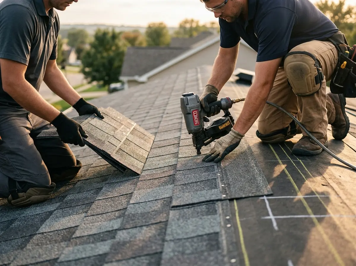 Professional roofer working on a residential roof in Social Circle
